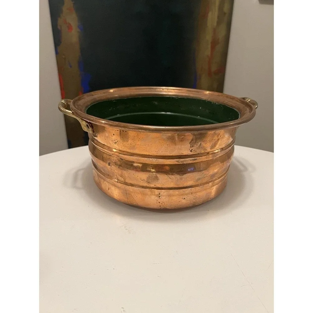 Vintage Copper Planter Cachepot Brass Handles